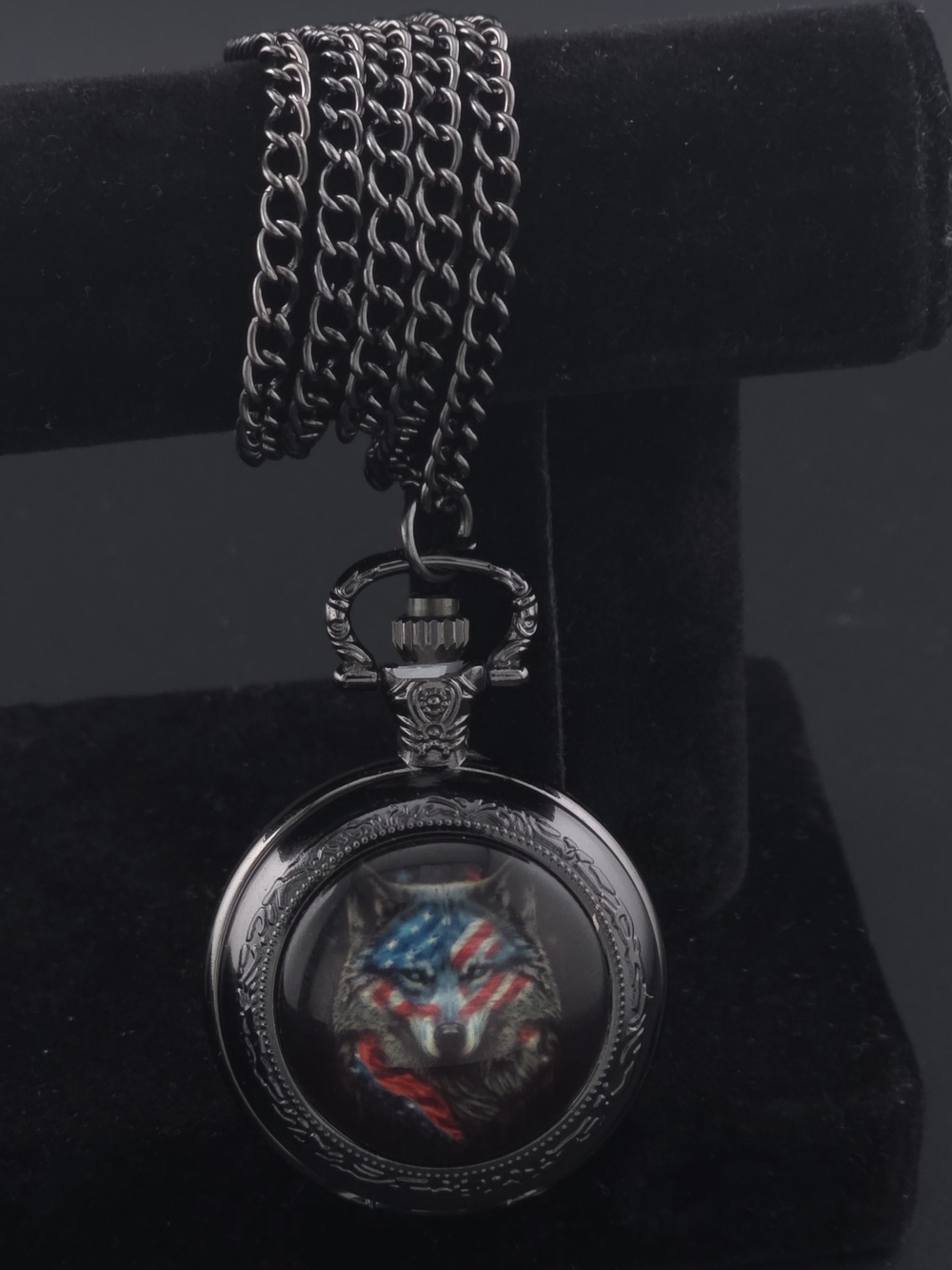 Black Pocket Watch Necklace  with American Flag Wolf Design